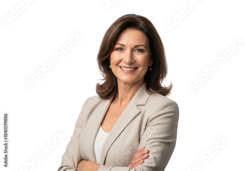 Professional businesswoman smiling confidently with arms crossed wearing a light colored blazer isolated on transparent background
