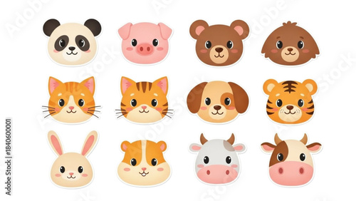 Cute animal faces set panda, pig, bear, cat, dog, tiger, rabbit, cow