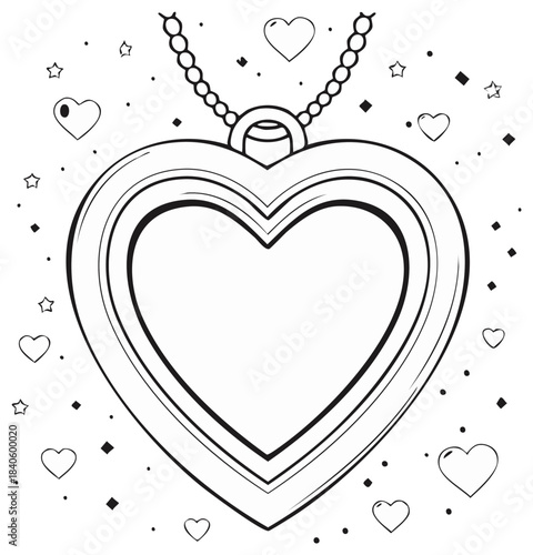 Heart Locket Pendant Outline with Necklace and Hearts Design.  Elegant Necklace Jewelry Valentine's Illustration Coloring Page.