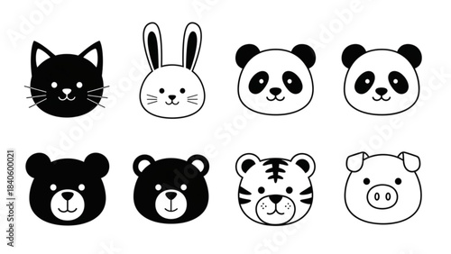 Cute black and white animal faces set cat, rabbit, panda, bear, tiger, pig icons