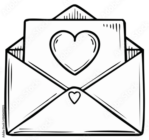 Hand drawn love letter in an open envelope with a heart symbol illustration