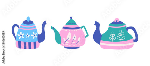 Teapots, cartoon set. Tea time. A hot, healthy, and warming drink in a brightly colored teapot. Hand-drawn ceramic kettle.