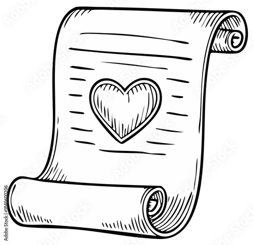 Hand drawn vintage scroll with heart icon and text lines a romantic message concept