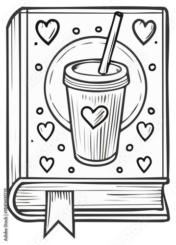 Doodle style book cover with coffee, hearts illustration for coloring, perfect for coffee lovers or gifts.