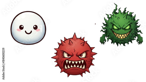 Cute friendly white cell next to angry red and green virus bacteria microbes characters