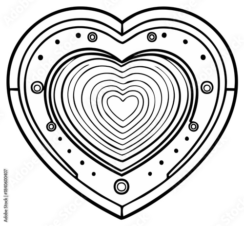Intricate nested heart illustration displaying concentric shapes and ornamental details in a symmetrical composition