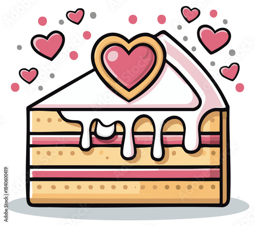 Slice of cake decorated with heart shaped cookie for celebrating Valentine's Day
