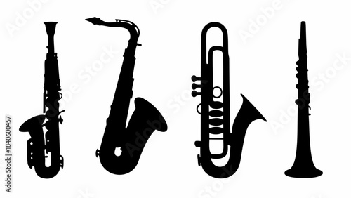 Set of wind instrument silhouettes in black, great for representing melody and harmony.
