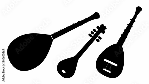 Silhouettes of traditional and folk musical instruments, including banjo, fiddle, and accordion.