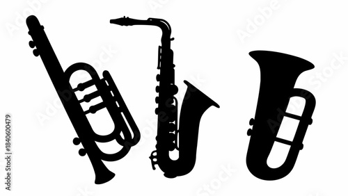 Black silhouette set of wind instruments, including flute, clarinet, trumpet, and saxophone.