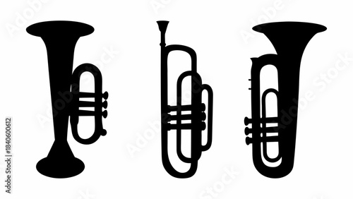 Black silhouette icons representing various brass instruments like trumpet, trombone, and tuba.