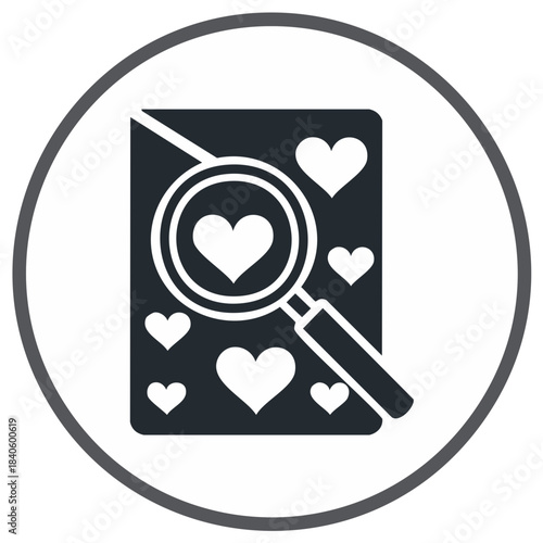 Heart search with magnifying glass on card, vector graphic symbol for dating app, love message, find love