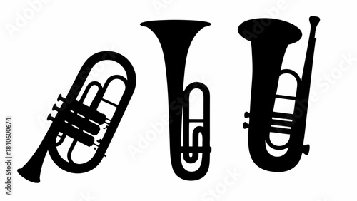 Brass instrument silhouettes collection in black, ideal for conveying powerful sound and melody.