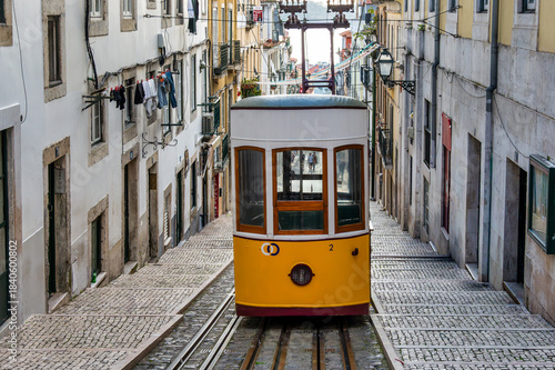 Historic funicular on a steep street in Lisbon