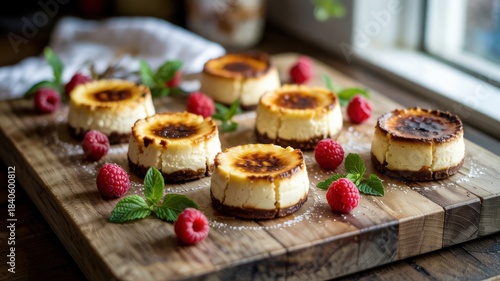 A dish of French cuisine. Mini cheesecakes with creme brulee. Each cheesecake has a smooth creamy crust with caramelized sugar. There are fresh berries all around.