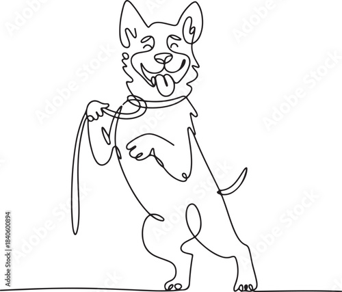 Continuous line art illustration of excited dog holding leash with natural sketch contour