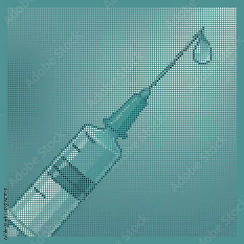 Vector Halftone Syringe With Droplet Medical Concept Teal Dotted Mosaic Pattern Vaccination Needle Art Geometric Pointillism Healthcare Background Abstract Illustration