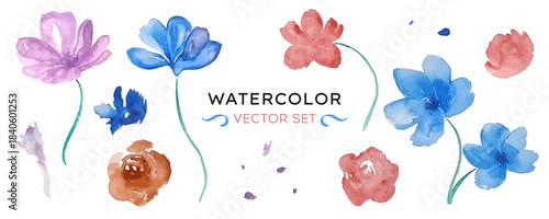 Set of flowers and spots in watercolour style in vector.
