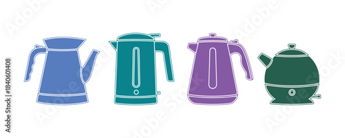 Set of icons featuring electric kettles. Hot tea representation

