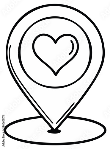 Hand drawn heart inside a location pin icon symbolizing love and finding places