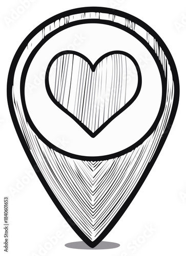 Hand Drawn Sketch of a Location Pin with a Heart Symbol Inside in Sketch Style