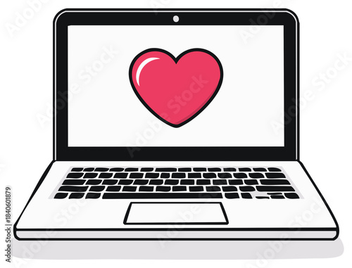 Laptop displaying a pink heart on its screen representing online dating and digital love communication