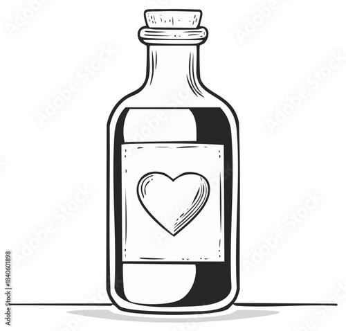 Hand-drawn heart potion bottle with cork stopper, a symbol of love and magic