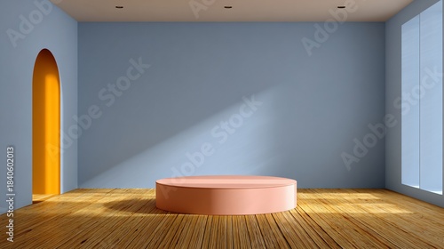 Minimalist interior with light on the floor and a round stage. Soft pastel colors and wood