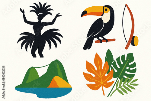 Brazilian Culture Icon Set with Samba Dancer, Toucan, Sugarloaf Mountain and Tropical Elements in Textured Vector Style