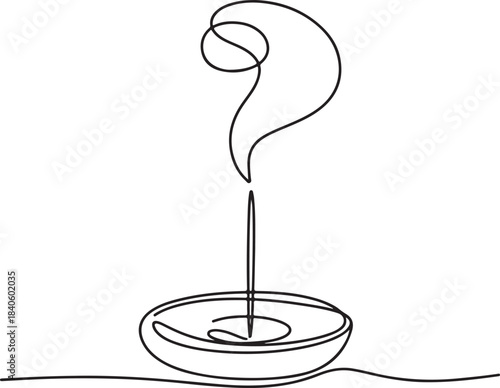 Continuous line art illustration of incense holder with soft smoke using natural sketch contour
