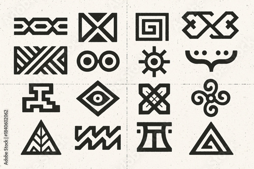 Brazilian Indigenous Pattern Icon Set Tribal Lines Xingu Shapes Marajoara Motifs Ritual Symbols Flat Vector Grid