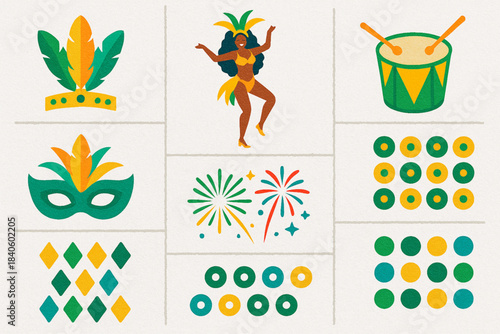 Brazilian Carnival Icon Set Headdress Samba Dancer Drum Mask Fireworks Sequins Flat Vector Grid