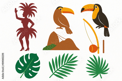 Brazilian Culture Icon Set with Samba Dancer, Toucan, Sugarloaf Mountain and Tropical Elements in Textured Vector Style