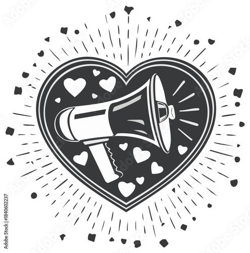 Megaphone emblem in heart shape for love announcement, love promotion, vector icon illustration
