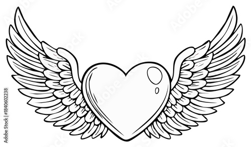 Heart with angel wings line art illustration. Flying love symbol, black and white cartoon icon.