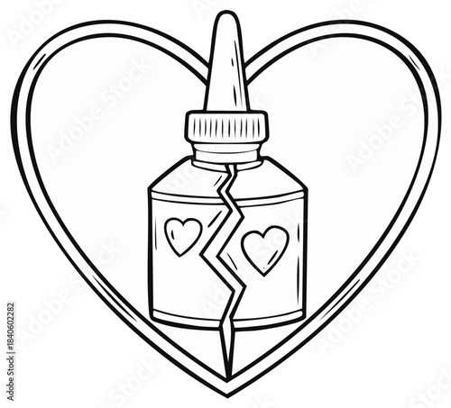 Black and white line art of a glue bottle mending a cracked heart symbol with small decorative hearts