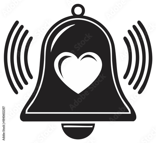 Ringing bell graphic with a heart notification vector black symbol for alerting love