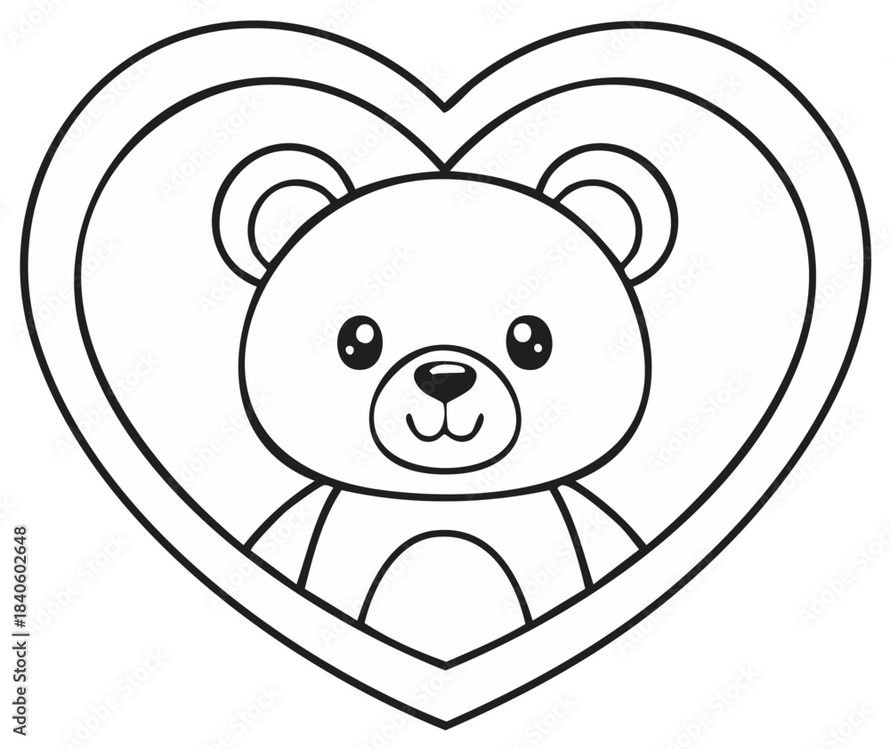 Obraz premium Cute cartoon teddy bear inside heart shape, illustration for cards or design