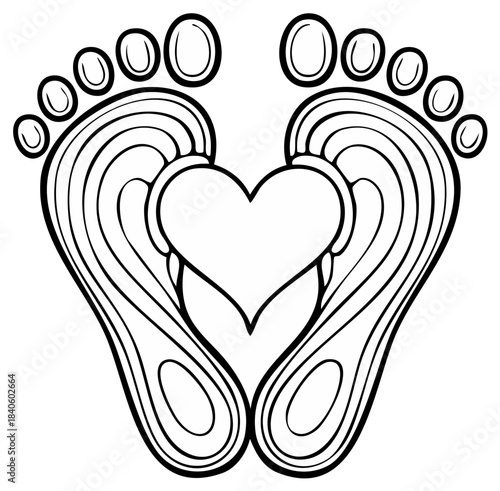 Stylized bare human footprints forming a heart shape symbol of love affection and journey together