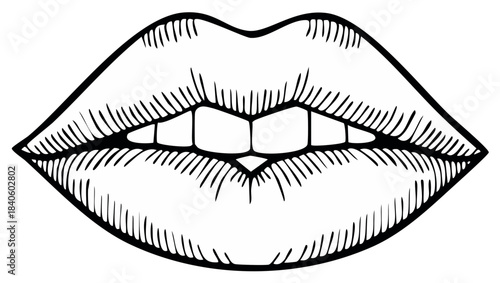 Vivid line art illustration of sensual lips revealing teeth in bold graphic style