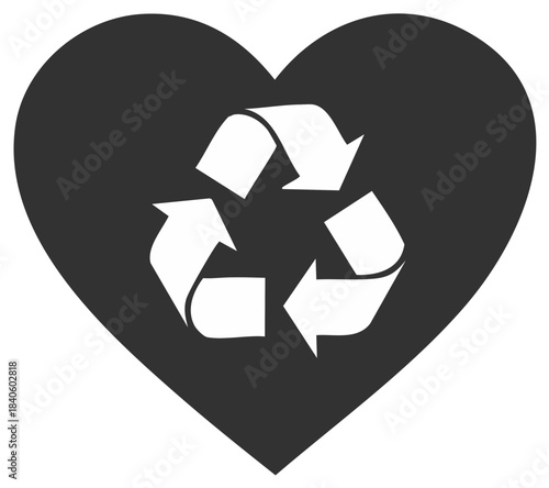 Recycling symbol inside a dark heart shape symbolizing environmental care and love