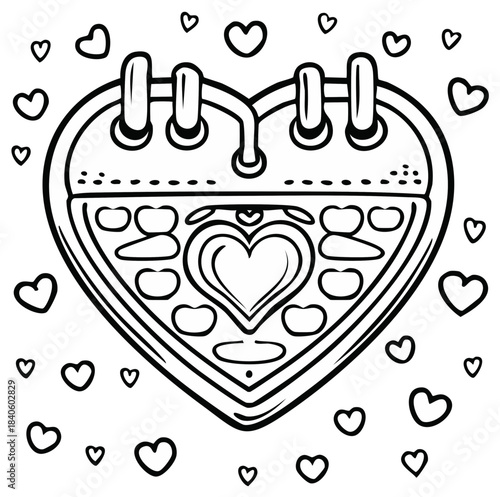 Heart Calendar with Decorative Hearts Outline Design for Valentine's Day Coloring Page