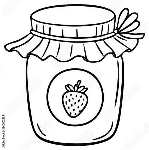 Vector outline illustration of a homemade strawberry jam jar for a coloring book page