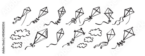 Flying Kite Crayon Chalk doodle hand drawn icon. textured brush line outline element collection