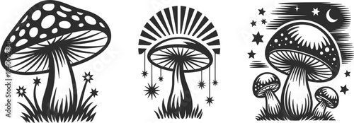 Mystical mushroom vector set, celestial, magical, fungus, vintage illustration, nature, wood, forest icon