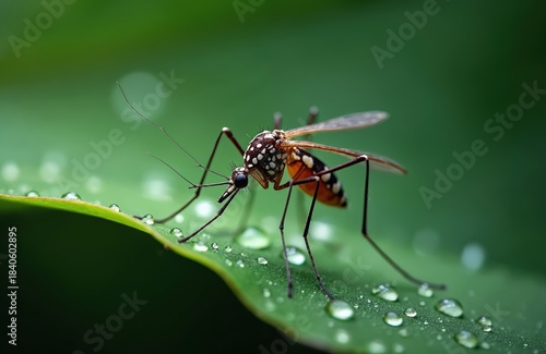 Wallpaper Mural Macro photo of Aedes mosquito on green leaf with water drops. Insect has spotted body, patterned wings, long legs. Focus on details of pest and wet plant. Dangerous bug rests on flora. Torontodigital.ca