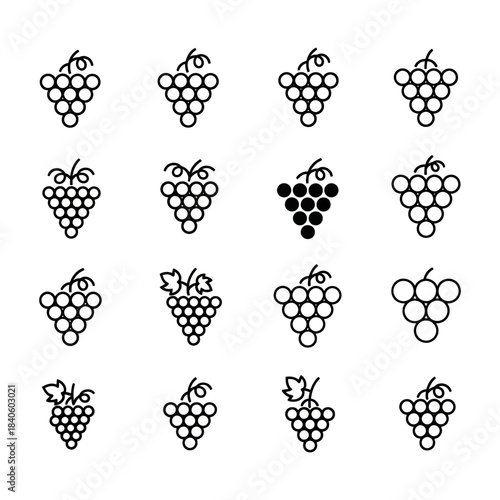 Black and White Grape Silhouette Icon Set A black silhouette of a grapevine with a cluster of grapes, isolated on a white background