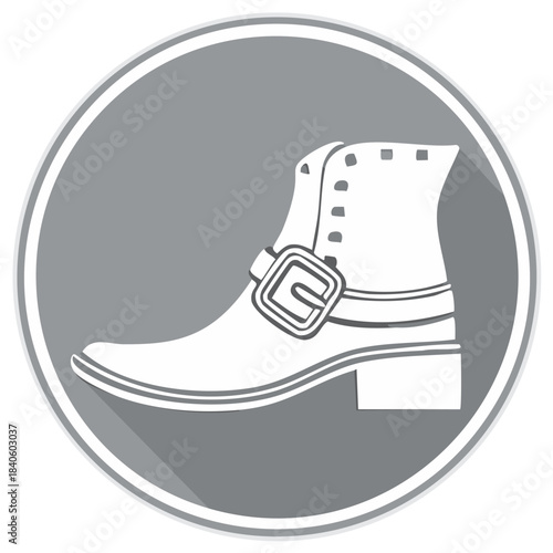 Modern flat design icon of a stylish buckle boot with long shadow in a gray circle