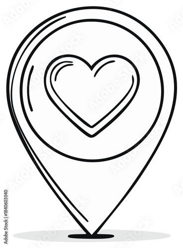 Hand drawn map pointer icon with a heart symbol indicating a favorite location