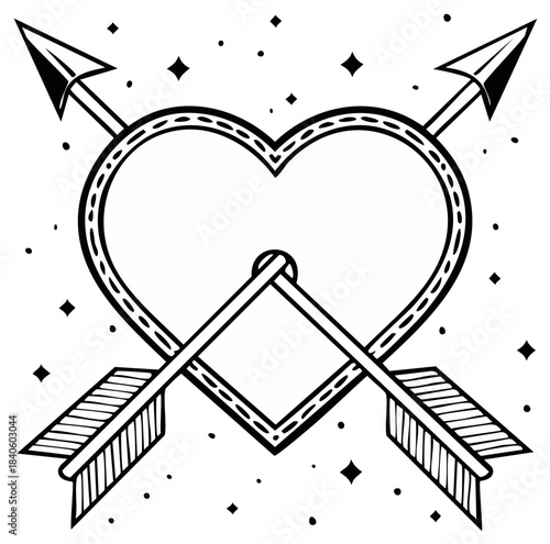Classic Heart pierced by arrows tattoo design with sparkling stars and dotted background